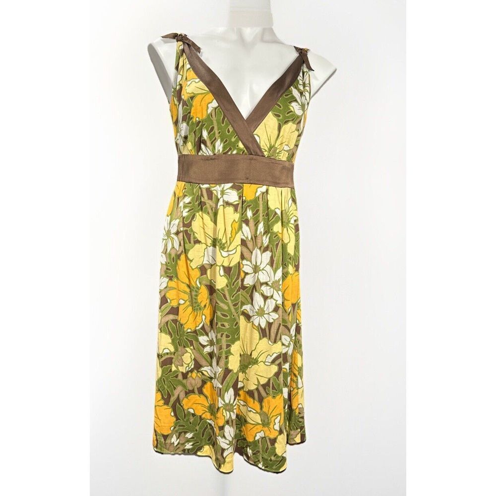 Tommy Bahama Yellow Green Floral Mini Dress with Brown Trim